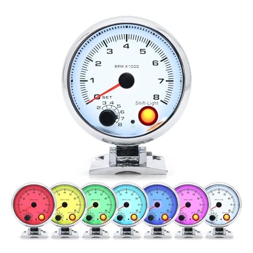 7 farbe LED 95mm Tachometer 0-8000 RPM Meter Auto Gauge Tacometro Tacho Messgeräte for 4 6 8 zylinder Benzin(Customized White) von TIEOAXFT