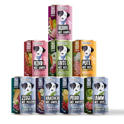 TIERLIEBHABER – Hundefutter Nass 400g Probierpaket à 8 Sorten – Von Tierärzten entwickelt – Nassfutter Hund mit 91% Fleischanteil – Dog Food als Hundenassfutter 400g Dosen TIERLIEBHABER – Hundefutter Nass 400g Probierpaket à 8 Sorten – Von Tierärzten entwickelt – Nassfutter Hund mit 91% Fleischanteil – Dog Food als Hundenassfutter 400g Dosen von TIERLIEBHABER