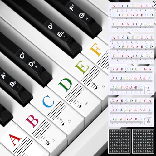 TIESOME 6 Stück Klavier Keyboard Noten Aufkleber Tasten, Transparent Abnehmbar Farbige Klavieraufkleber Piano Sticker Schwarze für Klaviernoten Anfänger Passend Klaviere mit 88, 61, 54, 49 Tasten von TIESOME