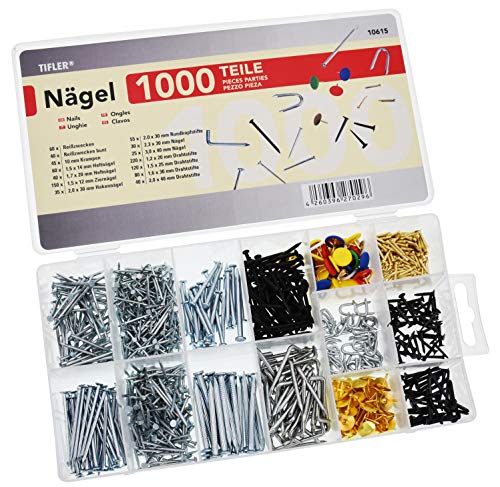 1000 Nägel und Stifte im Set, 14 verschiedene Arten und Größen im Sortimentskasten von TIFLER