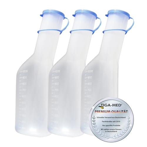 Tiga-Med Urinflasche 1Ltr. für Männer 3er Set Urinflaschen aus stablilem PP-Material Urinente mit Deckel von Tiga-Med