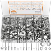 1000-teiliges Sortiment an Aluminium-Blindnieten, 14 Größen (3/32 Zoll, 1/8 Zoll, 5/32 Zoll, 3/16 Zoll, 1/4 Zoll) mit 5 Verstärkungsscheiben aus von TIGREZY
