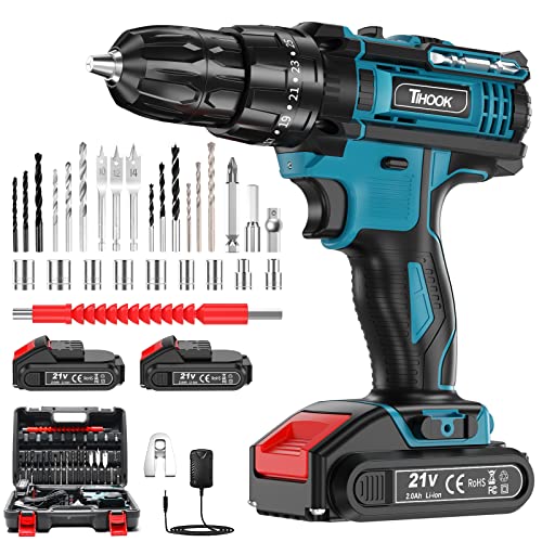 TIHOOK Akkuschrauber 21V, Akku Bohrschrauber 128STK mit 2 x 2.0Ah Lithium Batterie, 42N.m, 25+3 Drehmomentstufen, 3/8" Eisenfutter, LED Licht, 2 Gänge, Schnelles Aufladen Akku Bohrmaschine von TIHOOK