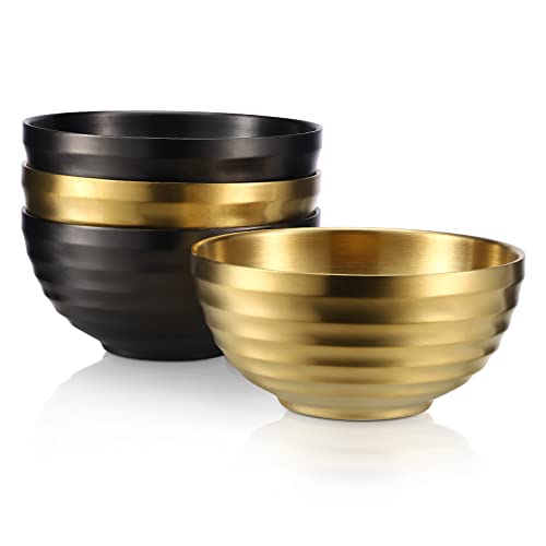 4er Edelstahl Schüsseln Doppelschicht Isolierte Nudelsuppe Schüssel Reis Schüssel Salat Schüssel Müslischalen, Schüsseln für Obst Getreide Snack Vorspeise, Geschirrspüler Sicher (Gold&Schwarz,14cm) von TIICOO