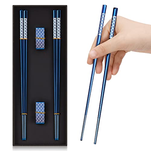 TIICOO Metall-Essstäbchen Wiederverwendbar 2 Paar Titan-Edelstahl-Essstäbchen mit Halter, Spülmaschinenfest Leichte Essstäbchen im Japanischen Stil Geschenkset (Blau) von TIICOO