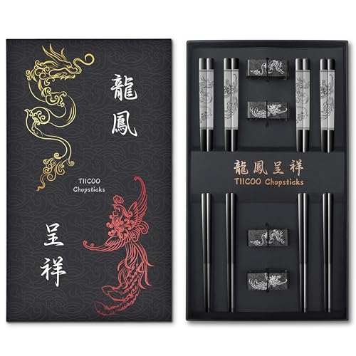 Metall Essstäbchen Wiederverwendbare 18/8 Edelstahl Essstäbchen Chinesische Drachen und Phoenix Essstäbchen mit Halter Chinesische Traditionelle Stilvolle Geschenk-Set (4 Paare - Schwarz) von TIICOO