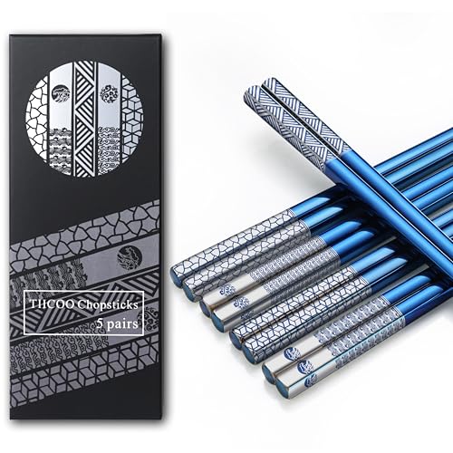 TIICOO Edelstahl-Essstäbchen Wiederverwendbar 18/8 Edelstahl lasergraviert Premium-Titan Spülmaschinenfest Metall-Essstäbchen Leicht Japanischer Stil 5 Paar Essstäbchen Geschenkset (Blau) von TIICOO