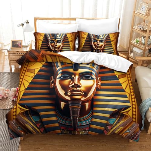 TIICZAAKL Egyptian Pharao 3D Gedruckt Bettwäsche Sets 3 Teilig Bettbezug Mit Kissenbezügen Soft Microfaser Luxus Modern Mit Reißverschluss Für Erwachsene Und Kinder Double（200x200cm） von TIICZAAKL