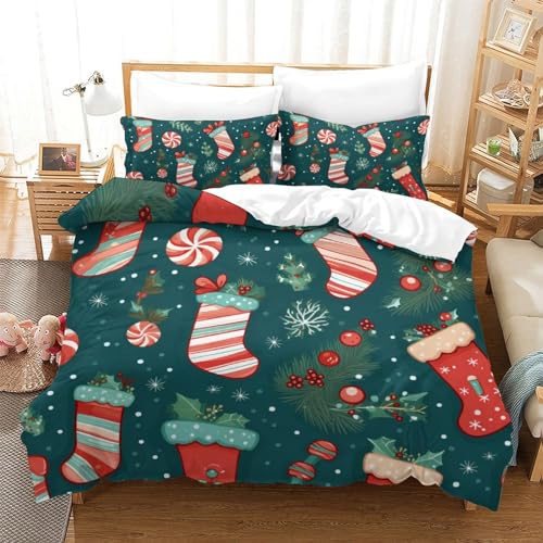 TIICZAAKL Weihnachten Socks 3D-gedrucktes Bettwäsche 3 Teilig Bettbezug Set Mit Kissenbezug Soft Microfaser Luxus Modern Mit Reißverschluss Für Erwachsene Und Kinder Double（200x200cm） von TIICZAAKL