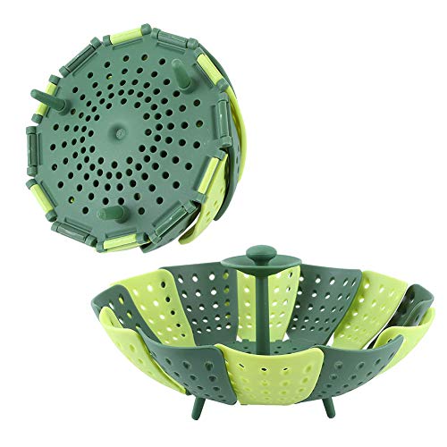 TIKATARER 2er-Pack Faltbare Dampfkörbe, Hitzebeständiger, Zusammenklappbarer Gemüsedämpfer für Töpfe, Platzsparendes Küchenkochgeschirr mit Mittelgriff (grün, 9,8 Zoll erweitert) von TIKATARER