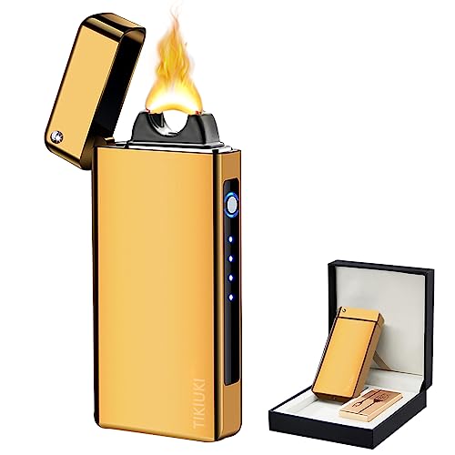 TIKIUKI Elektrisches Plasma Lichtbogen Feuerzeug - Winddicht, Wiederaufladbar, Flammenlos, Personalisiert - Metallfeuerzeug Mit LED-Power-Anzeige Für Kerzen (Gold) von TIKIUKI
