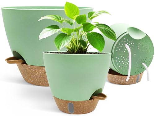 TIKTALK 3 Packs Selbstbewässerungstopf –20cm+22.5cm+25cm Blumentopf mit Bewässerungssystem Visualisierung des Wasserstandes für Zimmerpflanzen – Ideal für Fensterbank, Büro & Balkon (Grün) von TIKTALK