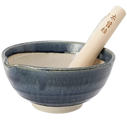 TIKUSAN Keramik-Mörser und Stößel (Suribachi & Surikogi) Set mit Ausgießer, hergestellt in Japan, Mino Ware (groß, blau) von TIKUSAN