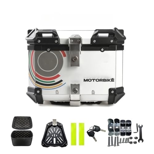 TILIEINE Helmkoffer für Aluminium Motorrad Helm Box Motorrad Kofferraum Top Case Reise Gepäck Lagerung Box Universal Motorrad Schwanz Box Werkzeug Motorrad Box(White-A-55L) von TILIEINE