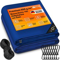 Abdeckplane Blau 4x5 m mit Ösen + 10 Haken & 15m Seil Gewebeplane 650g/m² Wasserdicht & Reißfest Premium PVC-Plane Universell lkw, Pool, Holz von TILLVEX