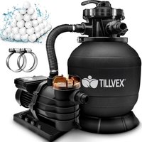Sandfilteranlage Pool 10 m³/h inkl. 800g Filterbälle schwarz Filteranlage 7-Wege Ventil & 2in1 Adapter Ø32mm - 38mm Poolfilter mit Druckanzeige von TILLVEX