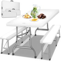 tillvex® Bierzeltgarnitur klappbar weiß 3-teilig Set Kunststoff Gartengarnitur wetterfest 180 cm Gartenmöbel Set Indoor & Outdoor mit Gartentisch und von TILLVEX