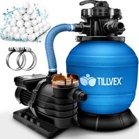 tillvex® Sandfilteranlage Pool Blau 13.200L/h bis 40.000L + 1200g Filterbälle Filteranlage 7-Wege Ventil & 2in1 Adapter Ø32-38mm Poolfilter von TILLVEX