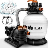 tillvex® Sandfilteranlage Pool Weiß/Orange 13.200L/h bis 40.000L + 1200g Filterbälle Filteranlage 7-Wege Ventil & 2in1 Adapter Ø32-38mm Poolfilter von TILLVEX