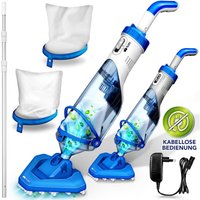 tillvex Poolsauger Blau/Grau mit Akku & Teleskopstange + Ersatzfilter bis zu 15 m³ Pool Bodensauger elektrisch Poolreiniger mit Filter & 60 min von TILLVEX