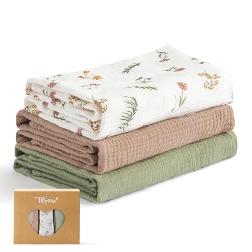 TILLYOU 3er Set Musselintücher Baby Pucktuch 75x100 cm Musselin Decke Baby Pucktücher 100% Baumwolle Babydecke, Blumig von TILLYOU