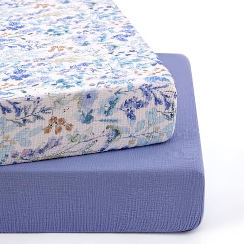 TILLYOU Musselin Spannbettlaken 2er Set Bettlaken Kinderbett 70x140 cm 100% Baumwolle Spannbettlaken Baby, Blaue Blumen von TILLYOU