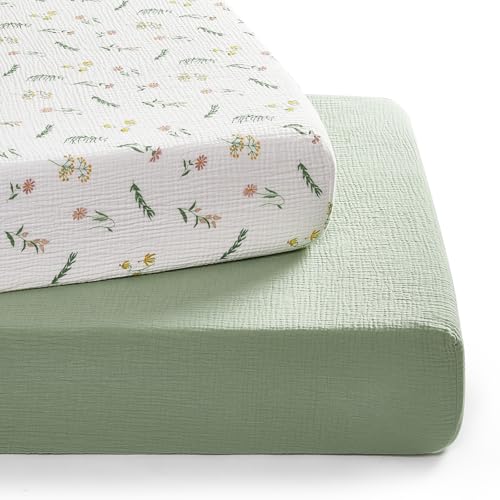 TILLYOU Musselin Spannbettlaken 2er Set Bettlaken Kinderbett 70x140 cm 100% Baumwolle Spannbettlaken Baby, Blumig von TILLYOU