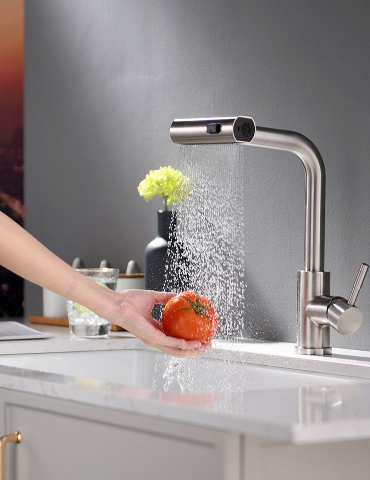 TIMACO Küchenarmatur (Hochdruck Wasserfall Wasserhahn Küche, Armatur Küche Mit Brause Ausziehbar,360° drehbar) von TIMACO