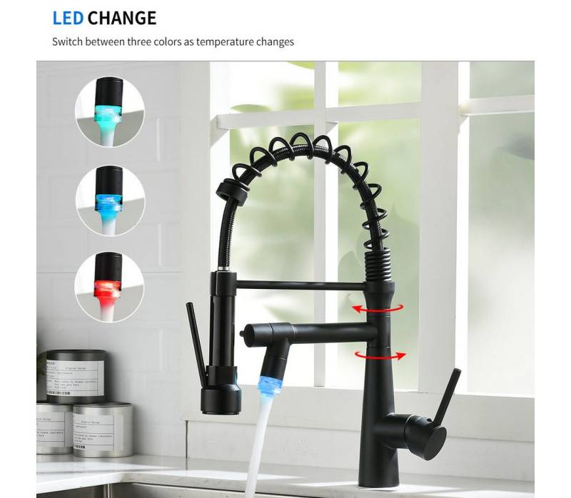 TIMACO Küchenarmatur (Hochdruck Wasserhahn Küche ( und Mit LED) , Armatur Küche Mit Brause Ausziehbar,360° drehbar) von TIMACO