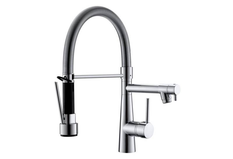 TIMACO Küchenarmatur (Wasserhahn Küche mit Schloss Brause Ausziehbar, - 360° Schwenkbar mit Spiralfeder) Einhebel Hochdruck Mischbatterie Küche & Pull-Down-Spray von TIMACO