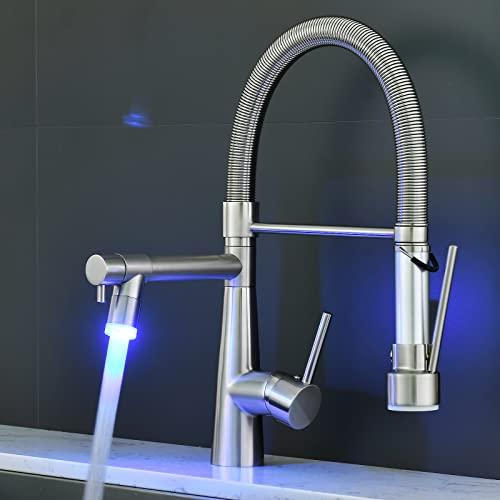 TIMACO LED Küchenarmatur mit Spiralfeder, 360° Schwenkbare Spültischarmaturen mit Zwei Auslauf, Wasserhahn Küchen & Brause ausziehbar- Hochdruck, Gebürstetes Nickel von TIMACO