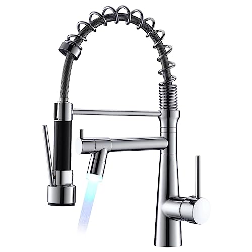 TIMACO LED Wasserhahn Küche Chrome Küchenarmatur mit Spiralfeder, 360°Schwenkbare Spültischarmaturen mit Zwei Auslauf,Wasserhahn Küchen & Brause ausziehbar- Hochdruck von TIMACO