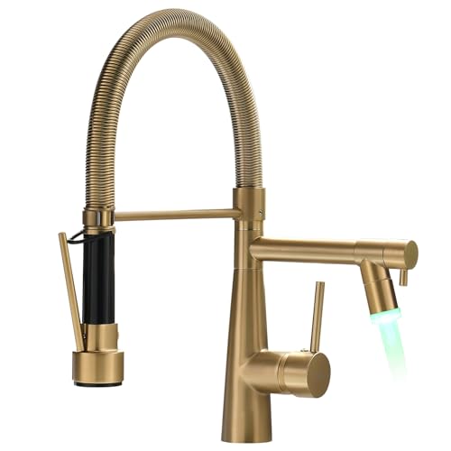 TIMACO LED Wasserhahn Küche Gebürstetes Gold mit Schloss Brause Ausziehbar - 360° Schwenkbare- Pull-Down-Spray - Hochdruck - Gebürstetes Gold Küchenarmatur von TIMACO