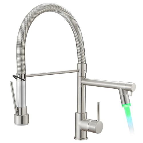 TIMACO LED Wasserhahn Küche mit Schloss Brause Ausziehbar - 360° Schwenkbar Küchenarmatur mit Spiralfeder,Einhebel Mischbatterie - Hochdruck Spültischarmatur-LED Gebürstetes Nickel von TIMACO