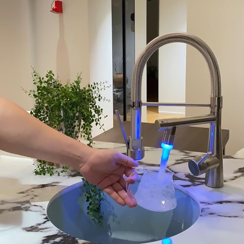 TIMACO Led Küchenarmaturen mit Schloss Brause, Einhand-Mischbatterie & Pull-Down-Spray - Hochdruck (gebürstetes Nickel), Wasserhahn Küche,Spiralfeder Spültischarmatur von TIMACO