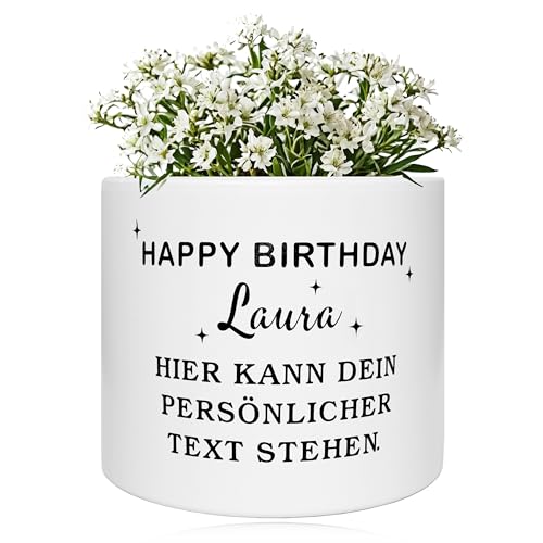 TIMANDO Personalisierter Blumentopf - Happy Birthday Geschenk zum Geburtstag mit Name und Alter oder mit eigenem Text, Übertopf aus Keramik in weiß (Happy Birthday - Name + eigenen Text) von TIMANDO
