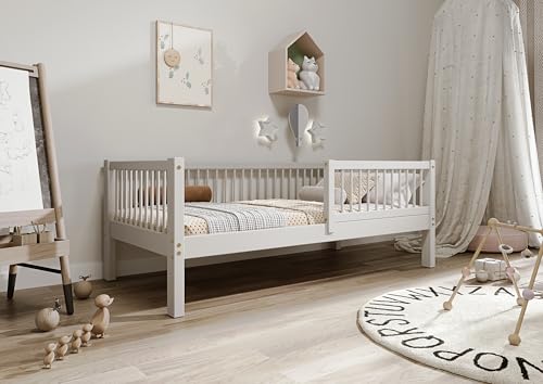 TIMBEE - Alfi - Kinderbett 70x140 cm - Bett Grau - Einzelbett für Kinder mit Lattenrost und Rausfallschutz Abnehmbar - Hohe Beine - Belastbar bis 100 kg - aus Kiefernholz Klasse 1 von TIMBEE