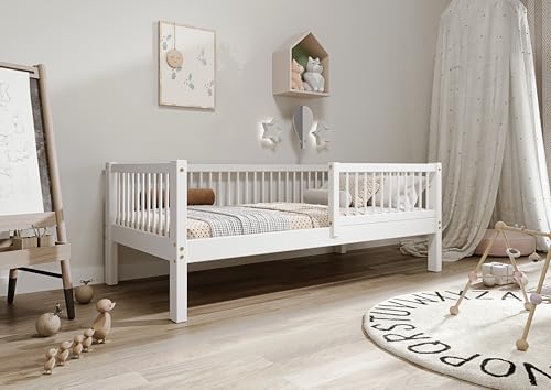TIMBEE - Alfi - Kinderbett 90x200 cm - Bett Weiß - Einzelbett für Kinder mit Lattenrost und Rausfallschutz Abnehmbar - Hohe Beine - Belastbar bis 100 kg - aus Kiefernholz Klasse 1 von TIMBEE