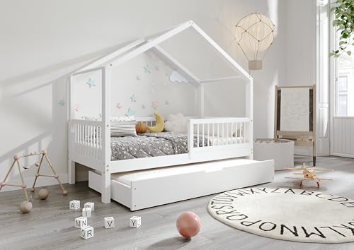 TIMBEE MURLO - Duo Holzbett - in Hausform mit Gitter, Sprossen und Schublade - Skandinavischer Stil - Massive Konstruktion aus Naturholz - Option mit Schlaffunktion - Weiß - 100x200cm von TIMBEE