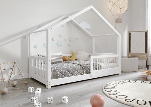 TIMBEE MURLO - Kinderbett Holz - Hausförmig mit Sprossen - Solide Konstruktion aus Naturholz - Langlebig und elegant - Weiß - 100x200cm - 3cm Lange Beine von TIMBEE