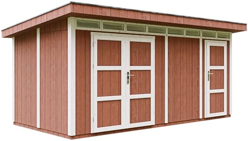 Gartenhaus Premium Qualität 8.52+2.95 m² - L279xW530cm -All-Inclusive-Set mit Boden, Bitumen-Dachziegeln, Farbset- Hochwertiger Geräteschuppen aus Holzwerkstoffplatten LP Smartside - Redwood RED von TIMBELA