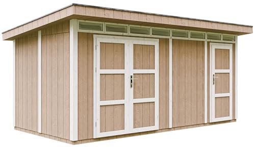 Gartenhaus Premium Qualität 8.52+2.95 m² - L279xW530cm -All-Inclusive-Set mit Boden, Bitumen-Dachziegeln, Farbset- Hochwertiger Geräteschuppen aus Holzwerkstoffplatten LP Smartside - Terra Brown von TIMBELA