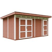 Gartenhaus Premium Qualität 8.52+2.95 m² - L279xW530cm -All-Inclusive-Set mit Boden, Bitumen-Dachziegeln, Farbset- lp Smartside Timbela M905C redwood von TIMBELA