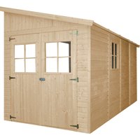 Anbau-Gartenhaus Holz 8 m² ohne Seitenwand- Abstellraum mit Fenstern − H243xL416xB216 cm − Plattenkonstruktion aus Naturholz − Timbela M340 von TIMBELA