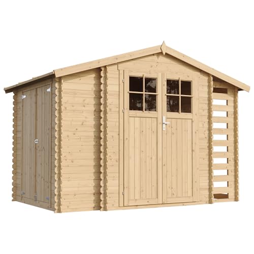 Holzhaus Gartenhaus mit Brennholzschuppen TIMBELA M389F - Gartenschuppen Holz B328xL206xH218 cm/ 3,53 + 0,97 + 0,97 m2 Lagerschuppen für Garten - Fahrrad Schuppen - Wasserfestes Dach von TIMBELA