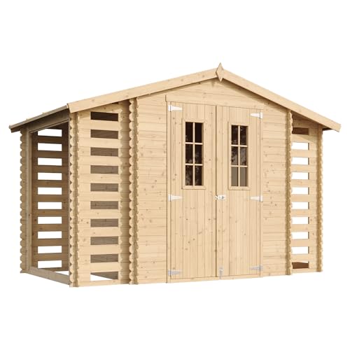 Holzhaus Gartenhaus mit Brennholzschuppen TIMBELA M391C - Gartenschuppen Holz B328xL206xH218 cm/ 3,53 + 0,97 + 0,97 m2 Lagerschuppen für Garten - Fahrrad Schuppen - Wasserfestes Dach von TIMBELA