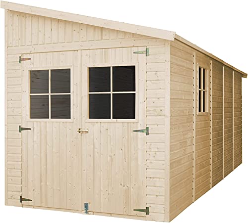 TIMBELA Holz Gartenschuppen (mit Seitenwand) MIT IMPRÄGNIERTEM Boden - Abstellkammer mit Fenstern - H244x216x514 cm/10,2 m2 - Gartenwerkstatt - Fahrrad- Geräteschuppen M341A+M341G von TIMBELA