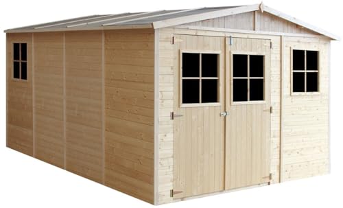 Holz Gartenschuppen MIT IMPRÄGNIERTEM Boden - Abstellkammer mit Fenstern - H226x418x320 cm/12 m² Naturholz-Shiplap-Schuppen - Gartenwerkstatt - Fahrrad- Geräteschuppen TIMBELA M336+336G von TIMBELA