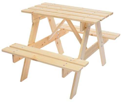 TIMBELA Kindersitzgruppe Outdoor, Picknicktisch Kinder H50x81x60 cm, Kindersitzgarnitur aus Naturholz, Stabile Kinderbank, Sitzgruppe, Gartenmöbel für innen und draußen M012-1 von TIMBELA