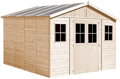 TIMBELA M330F Holz Gartenschuppen mit hochwertige abschließbare Tür - Abstellkammer mit Fenstern - H246 x 418 x 420 cm/ 16 m² Naturholz-Shiplap-Schuppen - Gartenwerkstatt von TIMBELA